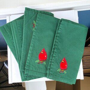 Lot of Six Green Cloth Napkins Embroidered Cardinal